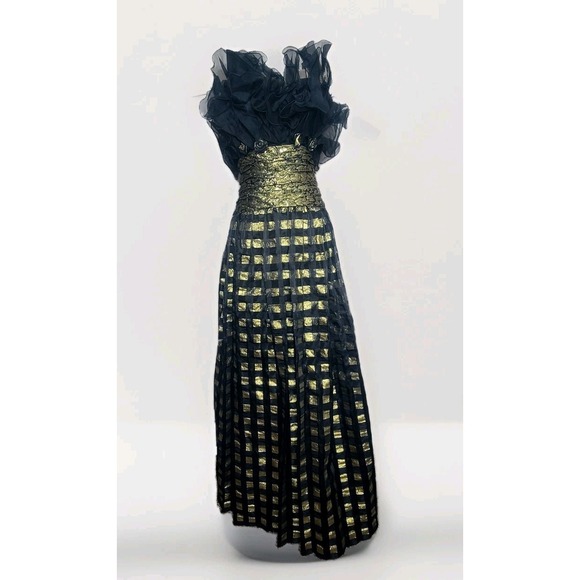 Vtg Eugene Alexander Black Gold Evening Formal Maxi Pleated Ruffle Top Dress  4